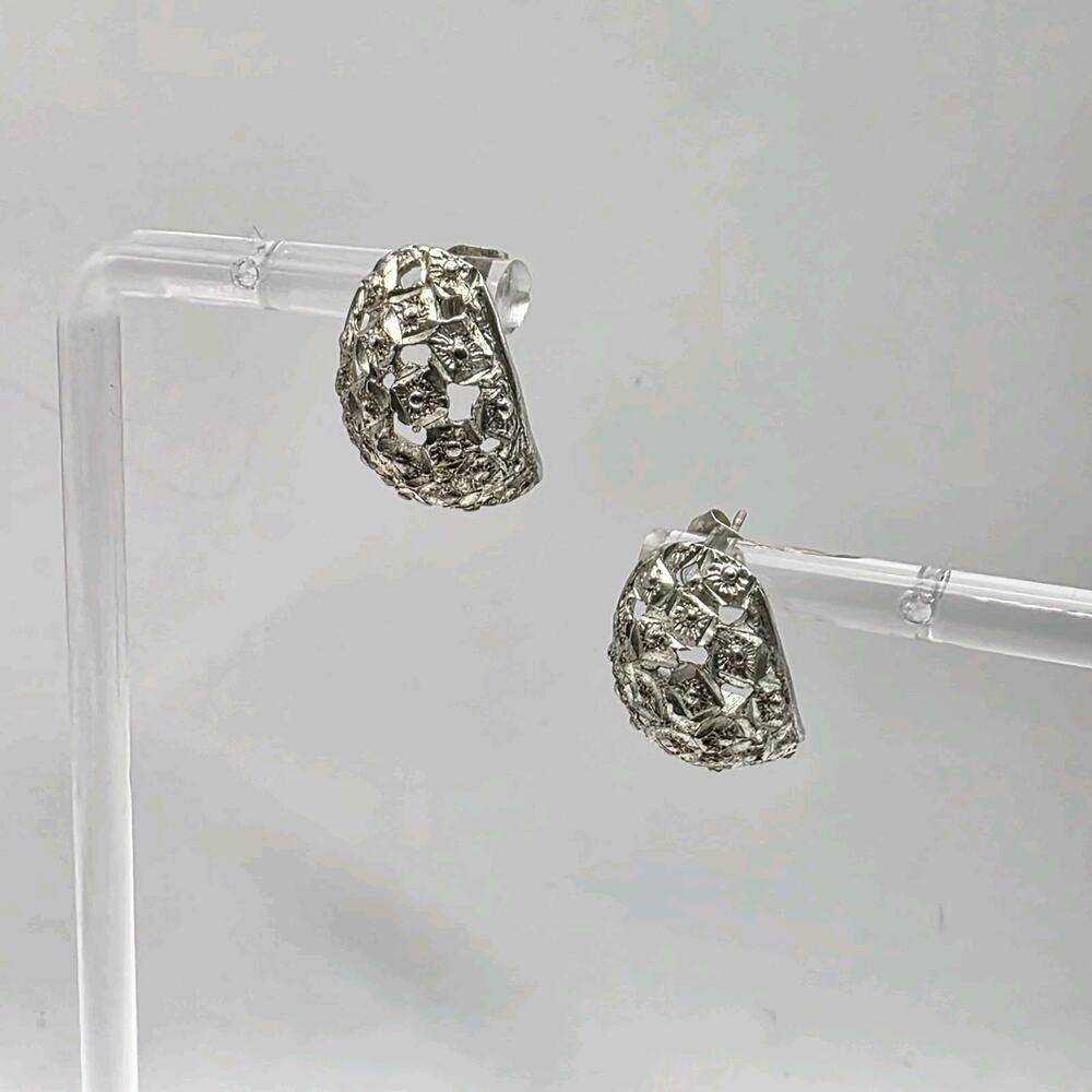 Vintage Sterling Silver Domed Half Hoop Stud Earrings Openwork Diamond Cut
